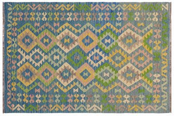 Flat Weave Kilim, Antique, Navaho, Vintage, Handmade, Geometric Kilim Blue Beige Hand-Woven Rectangle 100% Wool Area Rug 4 x 6